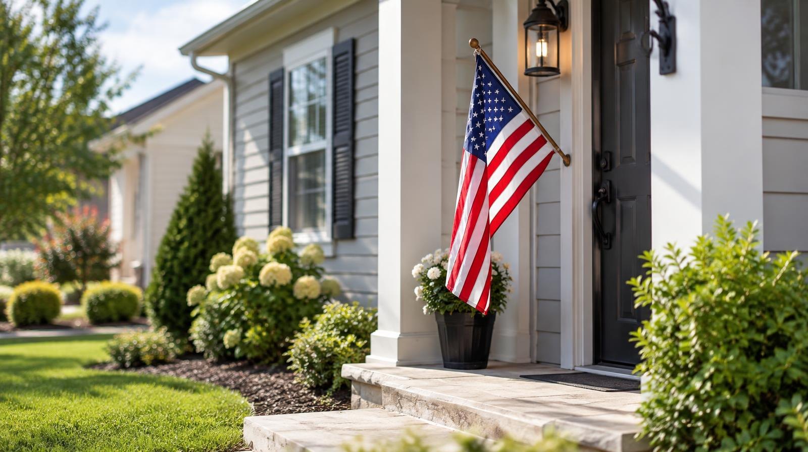 A well-kept house exterior with a small American flag by the front door.
