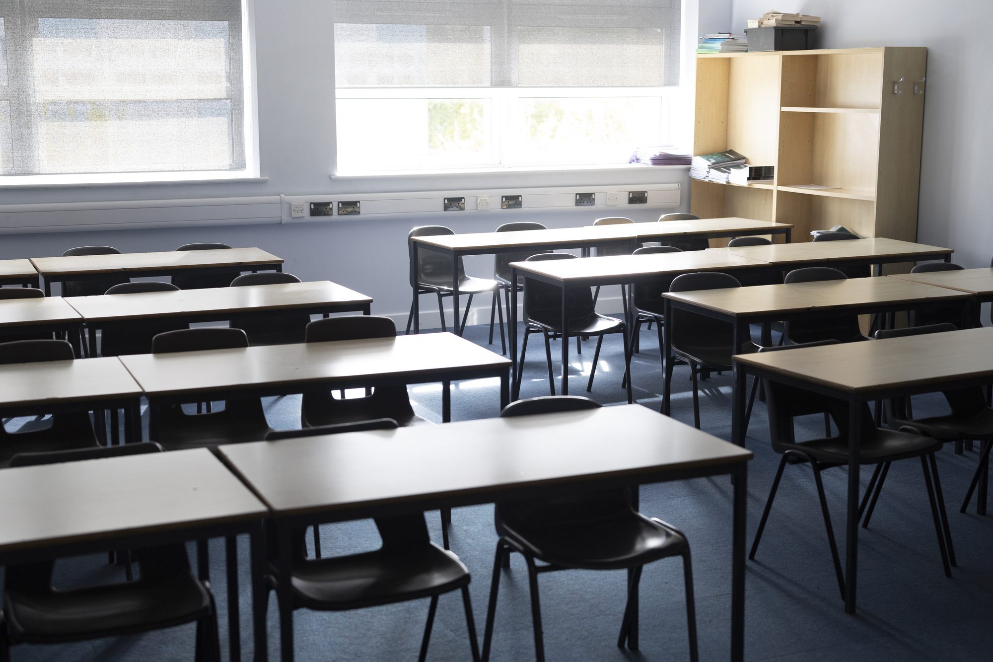 An empty high school classroom ready for students to arrive