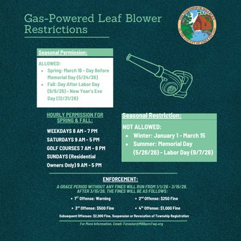 Infographic showing seasonal leaf blower restrictions, permitted hours, and fine schedule with township seal.