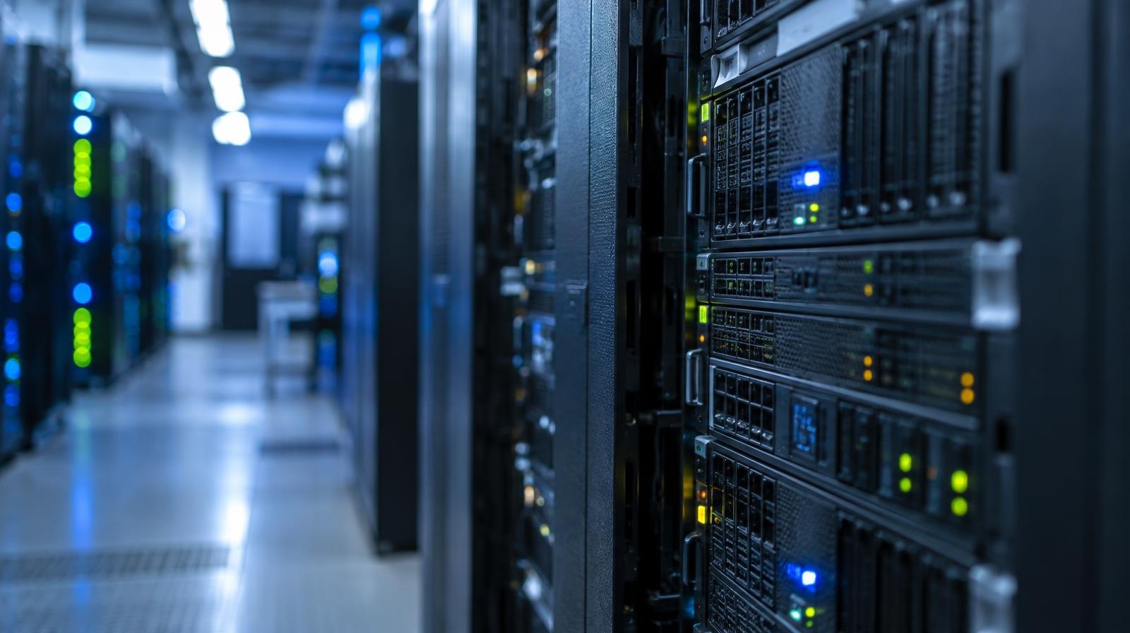 Rows of black server racks with blinking lights in a blue-lit data center aisle.