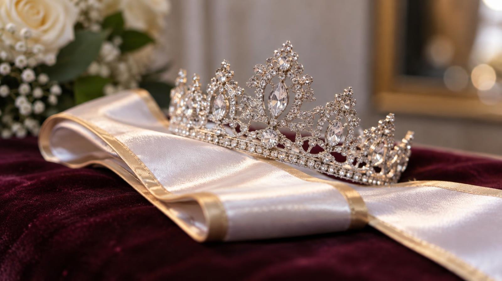 Sparkling rhinestone tiara crown resting on a folded satin sash on a velvet surface.