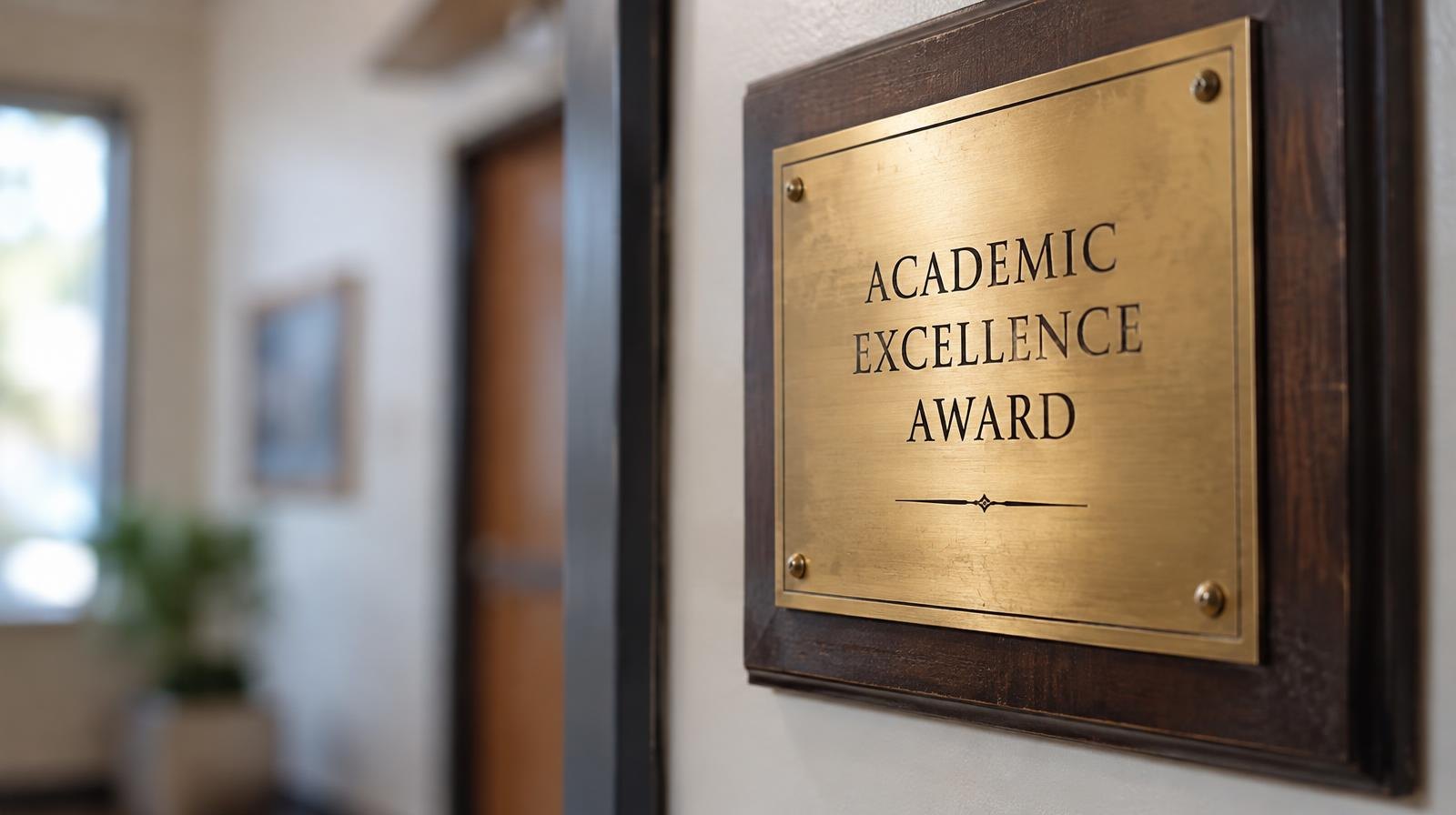 A gold honor award plaque mounted on a wall in soft natural light.