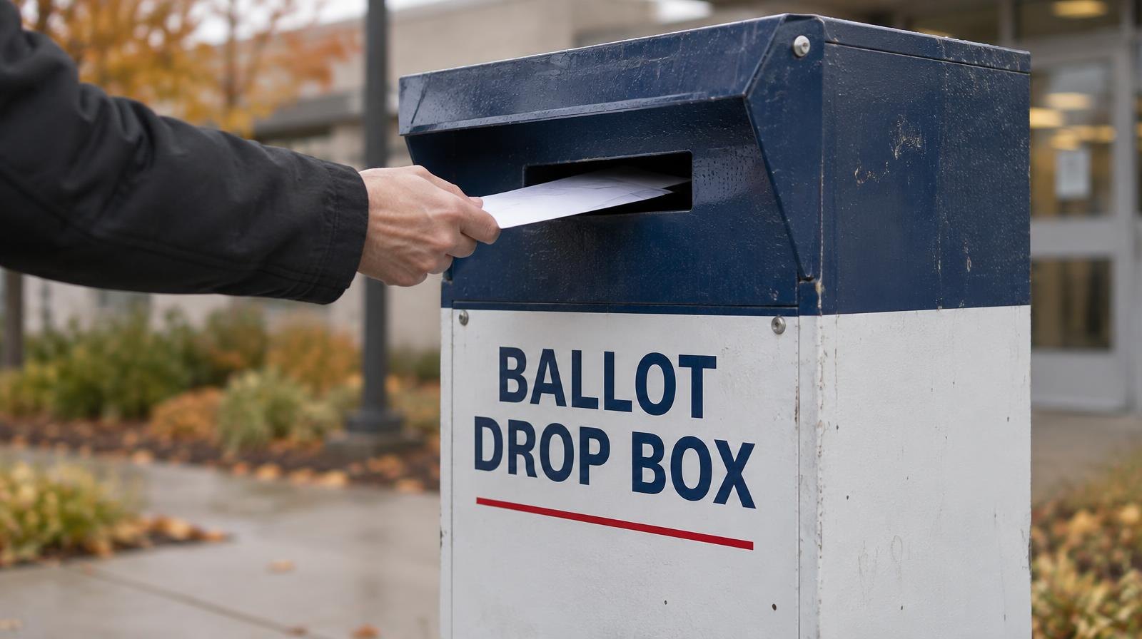A metal ballot drop box mounted on a post outside a building.