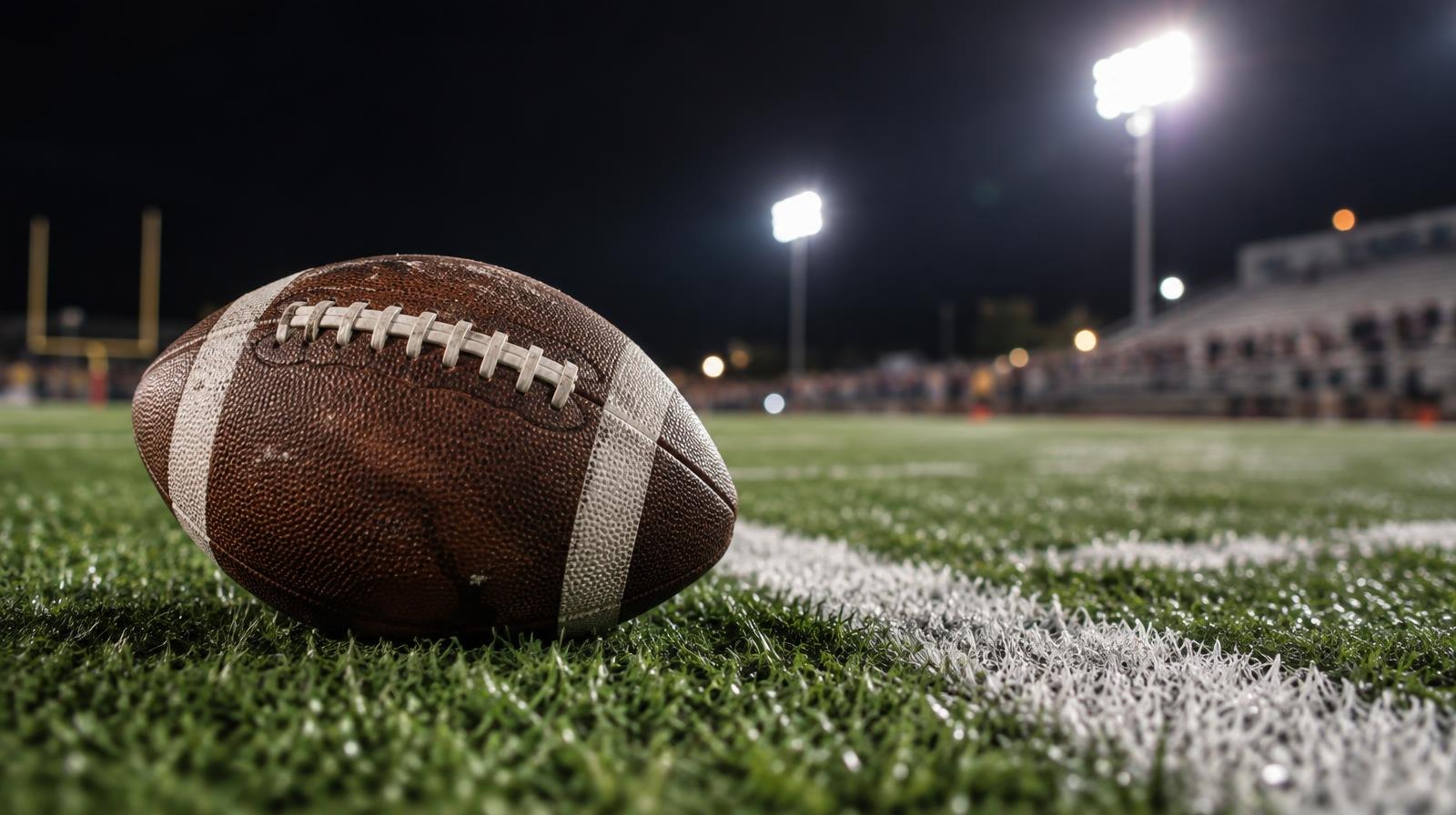 A football resting on green artificial turf beside a white yard line under stadium lights.
