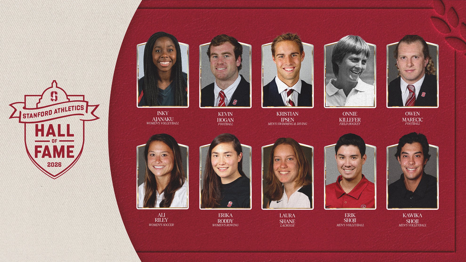 Composite graphic showing headshots of ten Stanford Athletics Hall of Fame inductees on a red background.