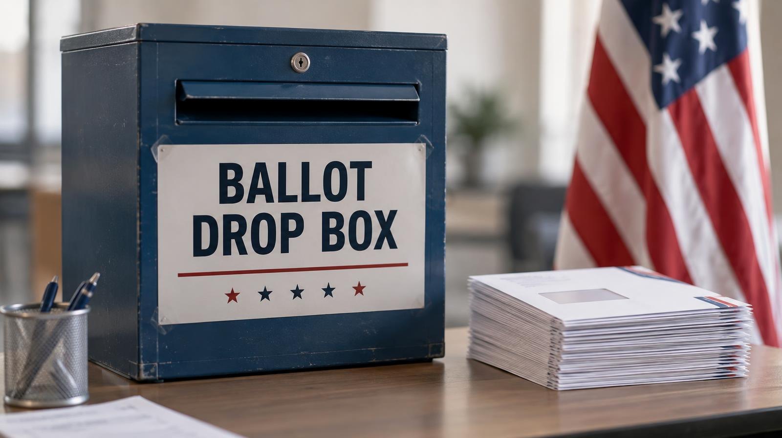A ballot drop box and a stack of election envelopes on a table beside an American flag.