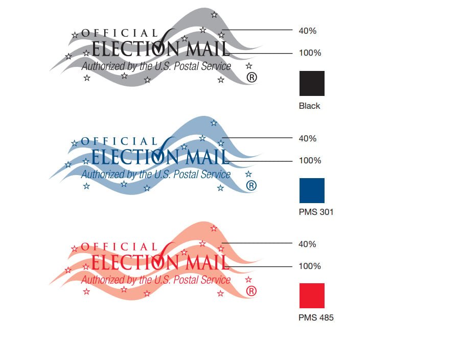 Three color variants of the Official Election Mail logo authorized by the U.S. Postal Service.