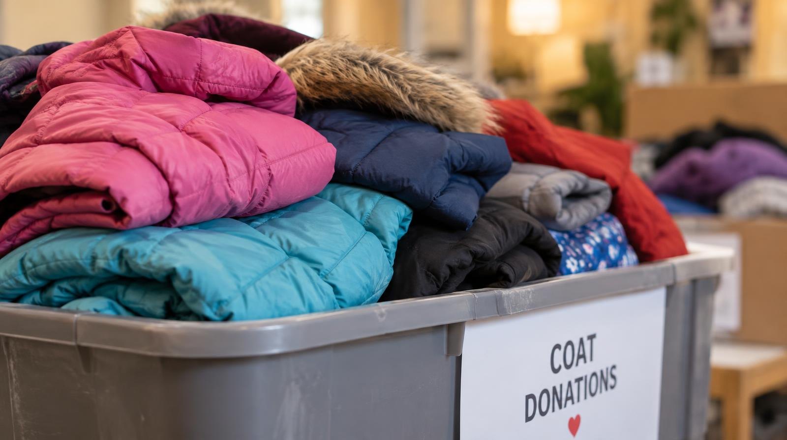 Colorful children's winter coats folded and stacked in a donation bin.