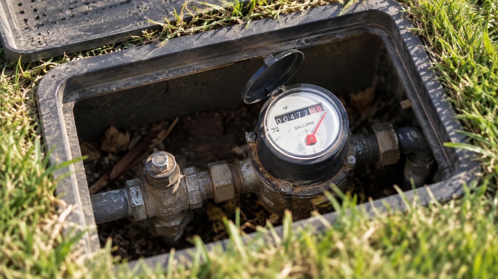 A residential water meter with dial face and pipes in a utility box.