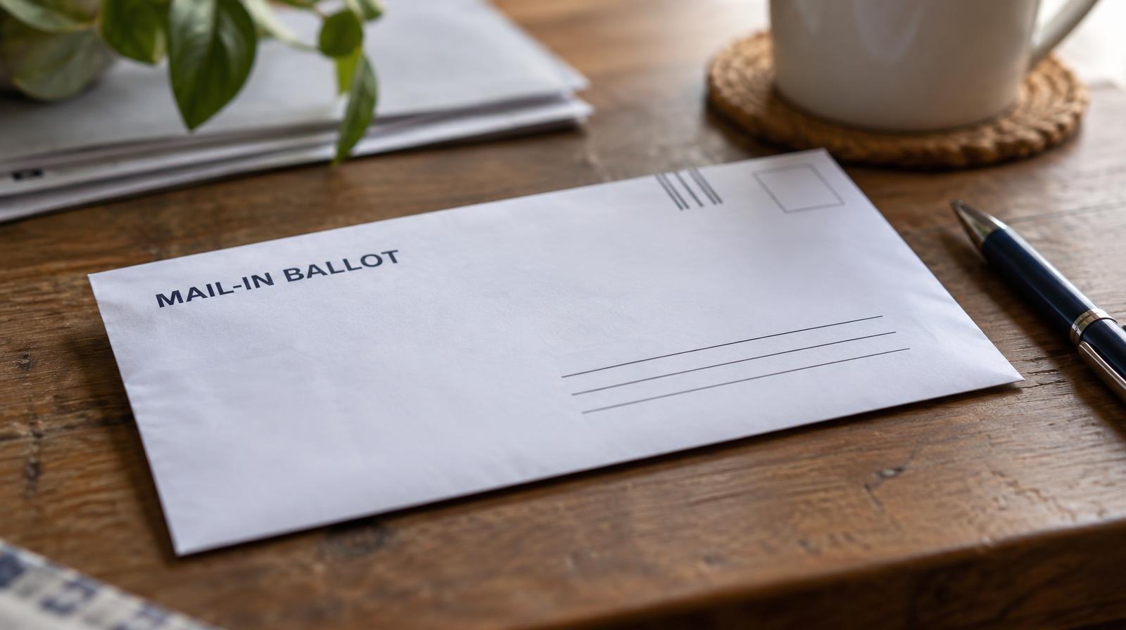 A mail-in ballot envelope resting on a wooden surface next to a pen