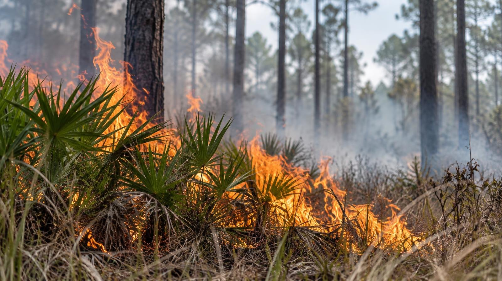 Low orange flames burn through pine forest understory with smoke drifting through tall trees.
