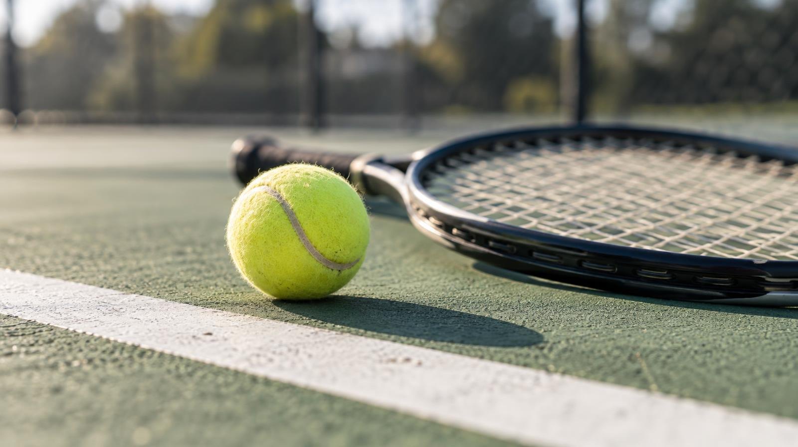 A yellow tennis ball resting on a green hard court beside a white baseline with a tennis racket nearby.