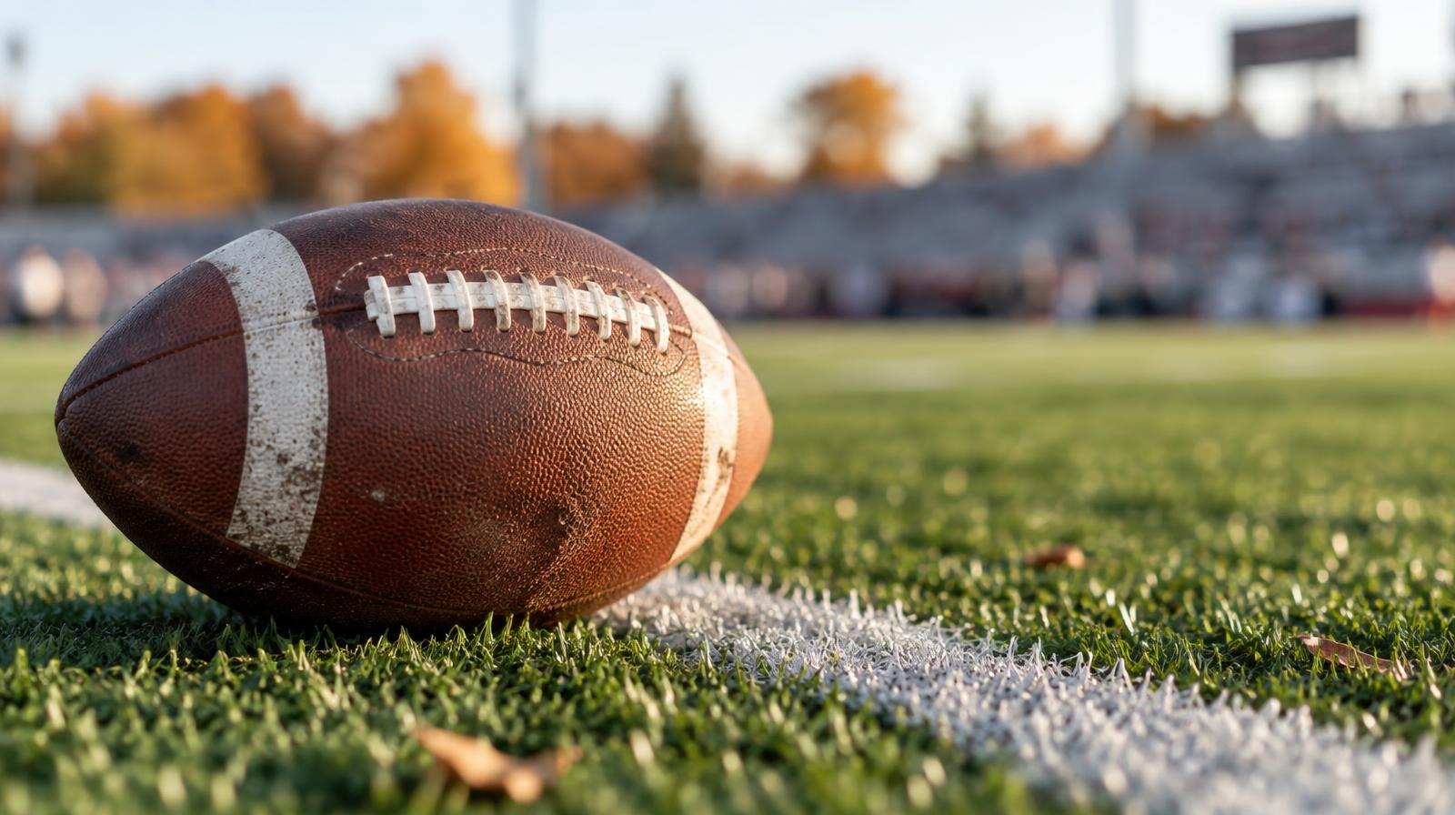 An American football resting on green artificial turf beside a white yard line.