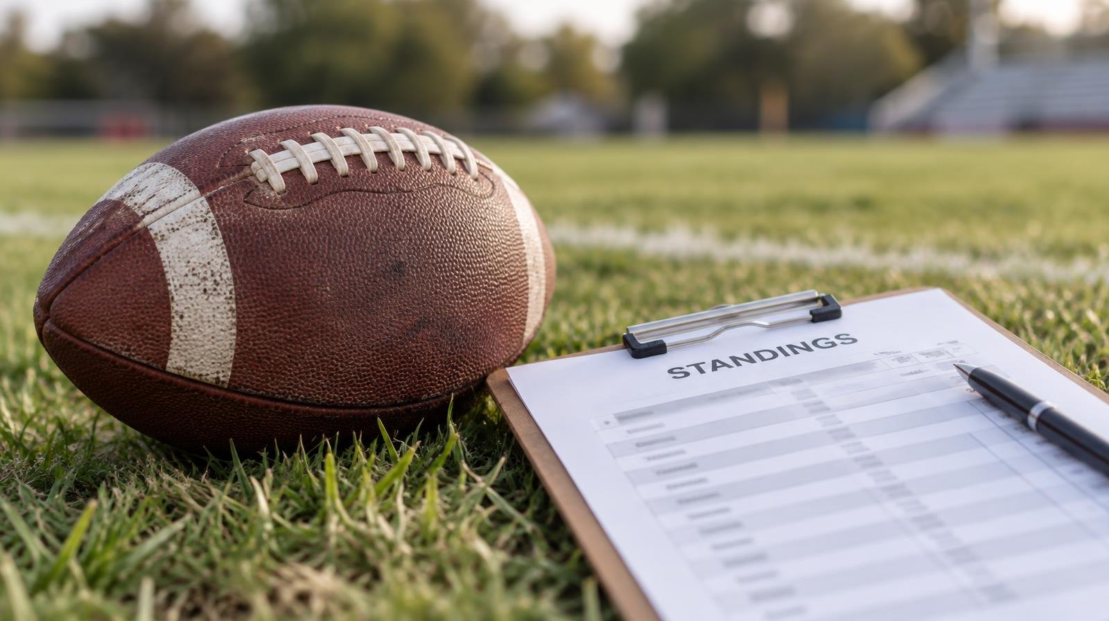 An American football on grass next to a clipboard with a printed standings sheet.
