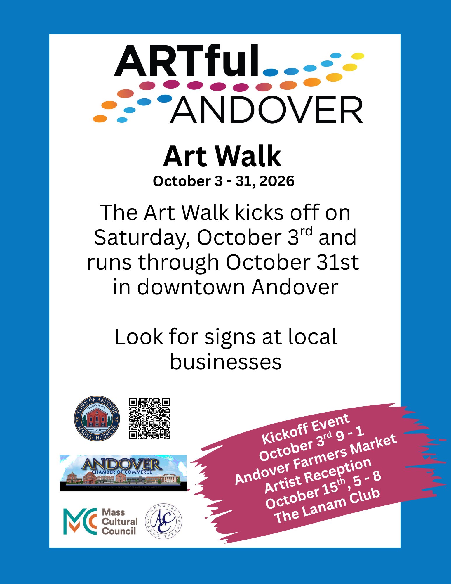Promotional flyer for the ARTful Andover Art Walk with event dates and sponsor logos.