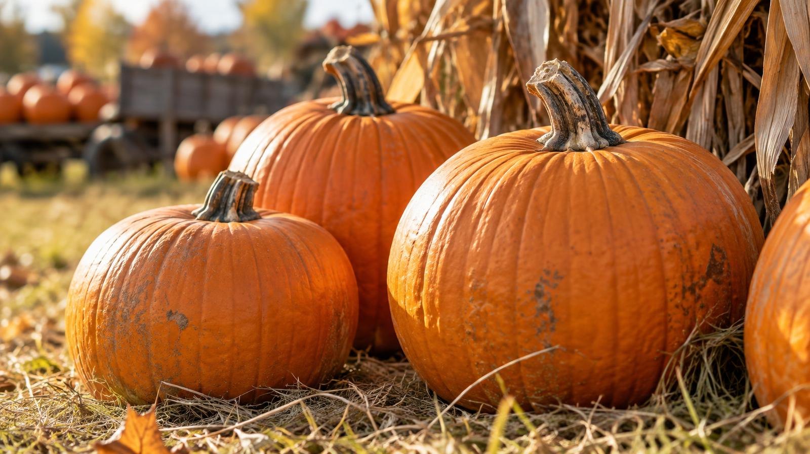 Large orange pumpkins resting on dry autumn grass with dried corn stalks behind them.
