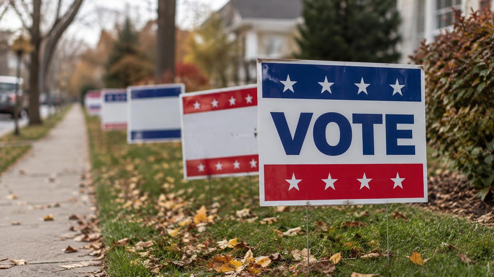 A row of colorful campaign yard signs planted in a grassy lawn along a sidewalk.