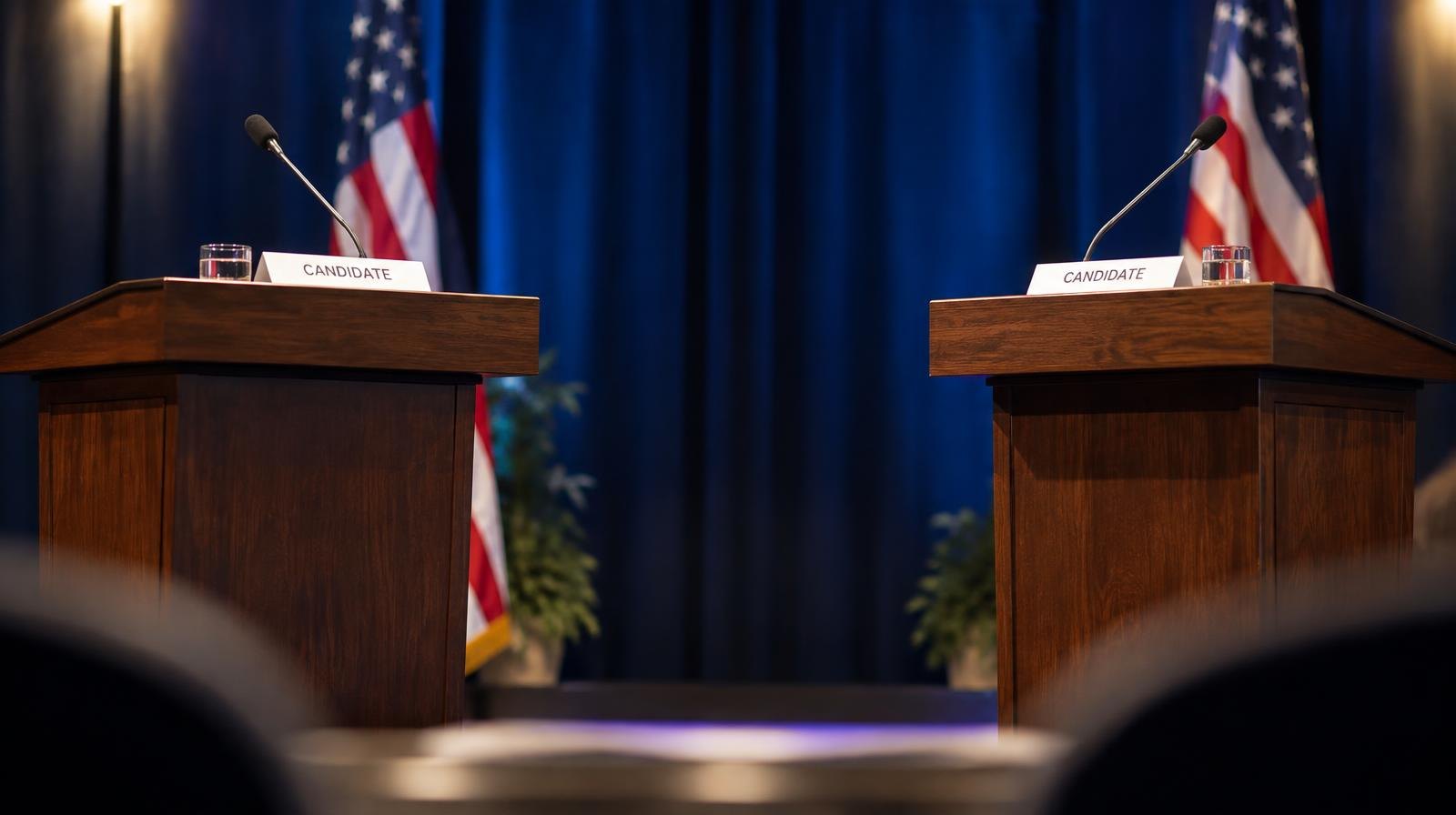 Two podiums with microphones face each other on a brightly lit debate stage.