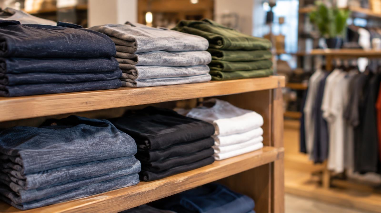 Neatly folded athletic shirts and casual clothing stacked on wooden retail shelves.