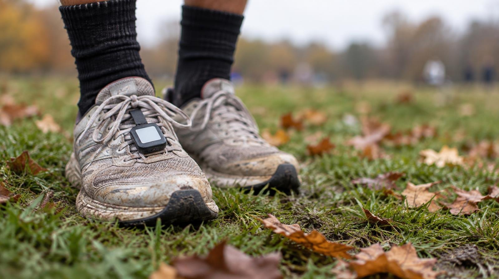 Worn running shoes with a timing chip on their laces rest on a grassy course with fallen leaves.