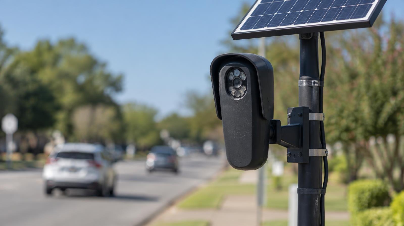 An automated license plate reader camera on a metal pole with a solar panel aimed at a road.