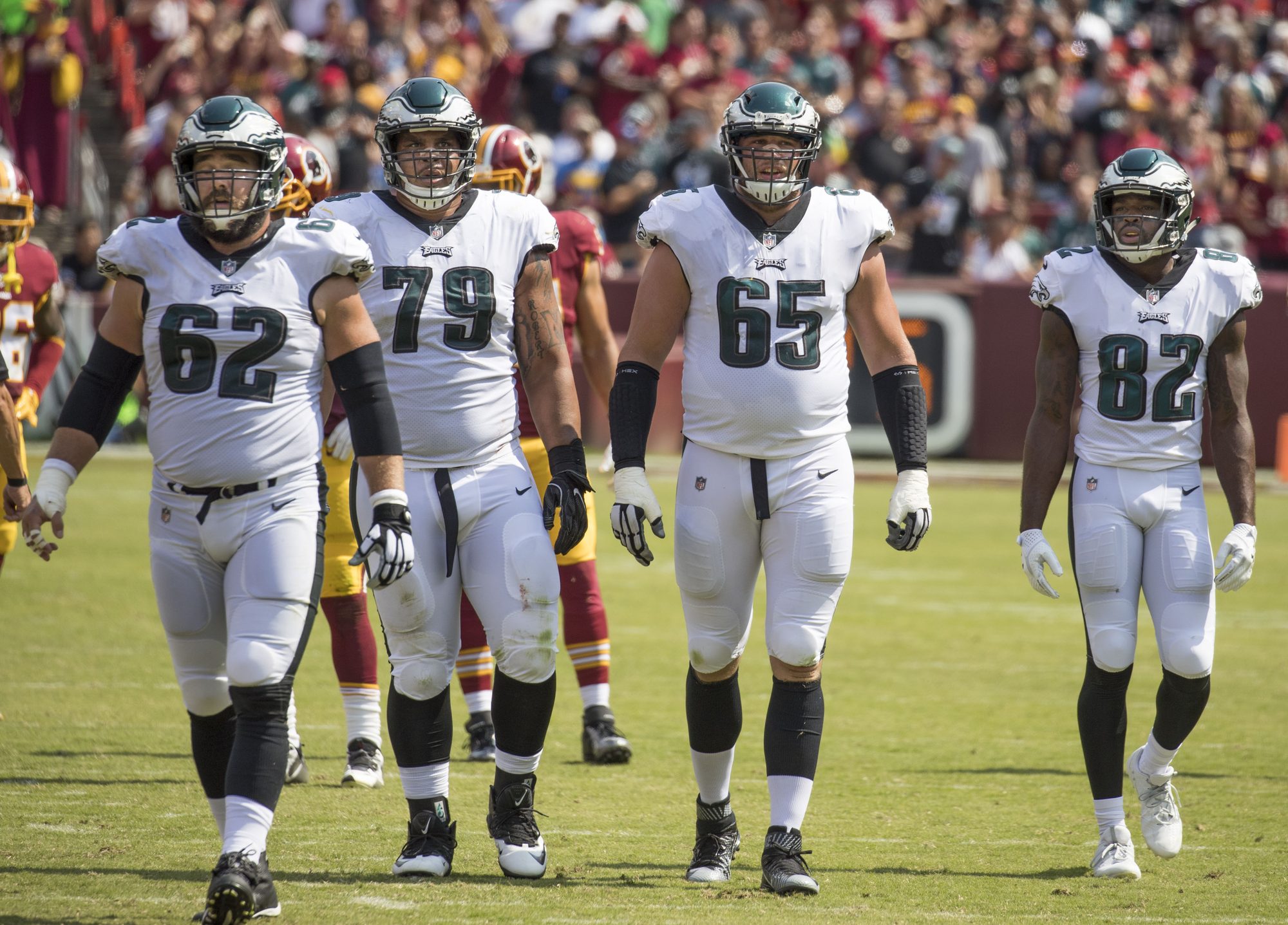 Jason Kelce (#62), Brandon Brooks (#69), Lane Johnson (#65), Torrey Smith (#82)