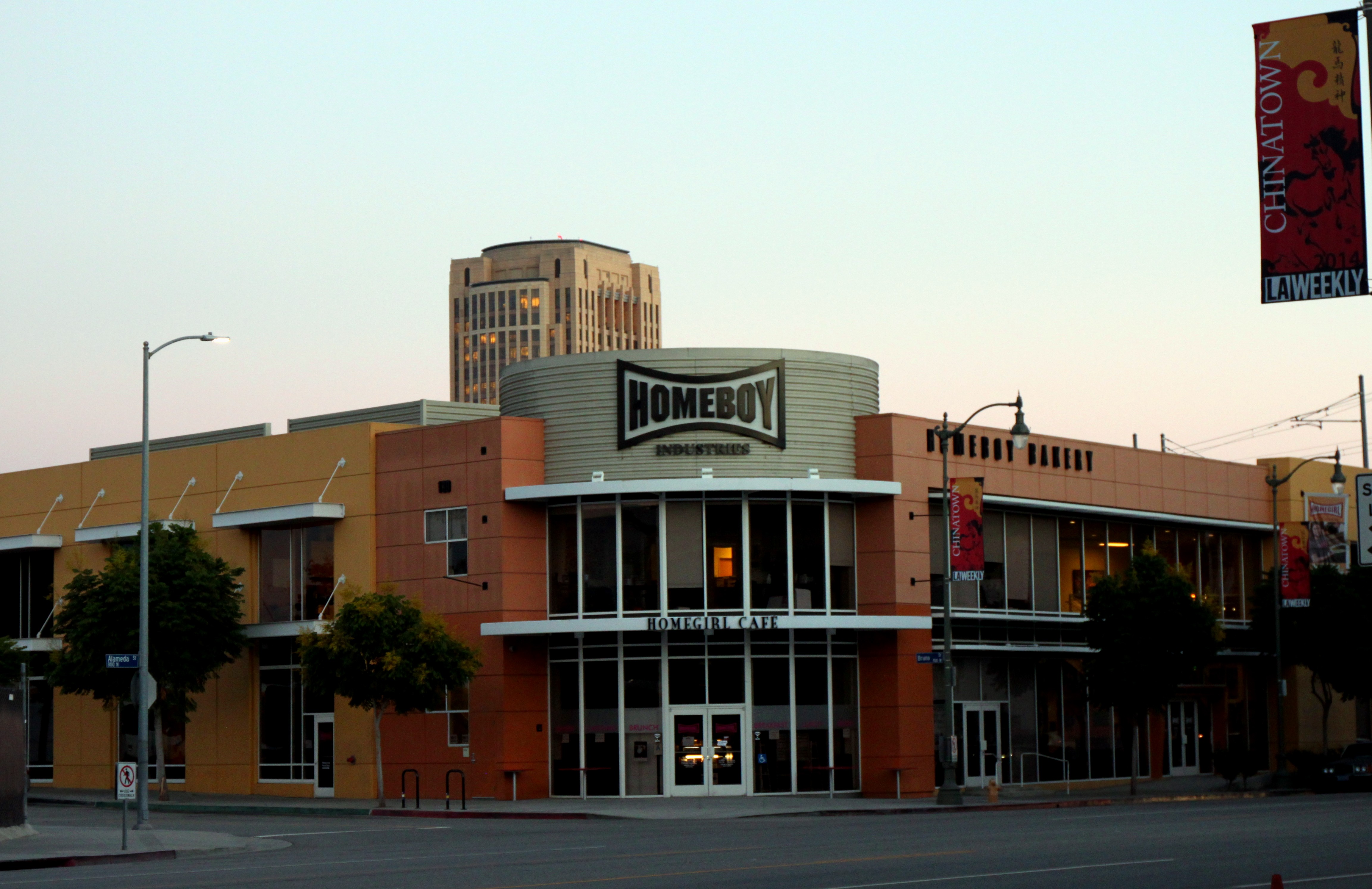 Exterior of the Homeboy Industries building at a street corner in Los Angeles near Chinatown.