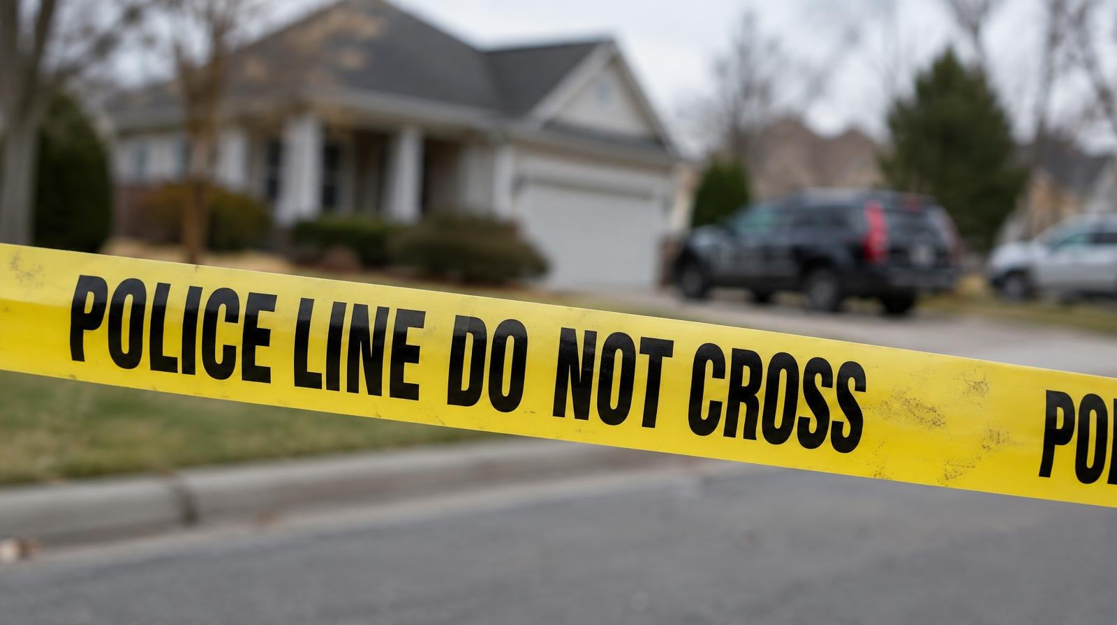 Yellow crime scene tape blocking a residential street in front of a house.