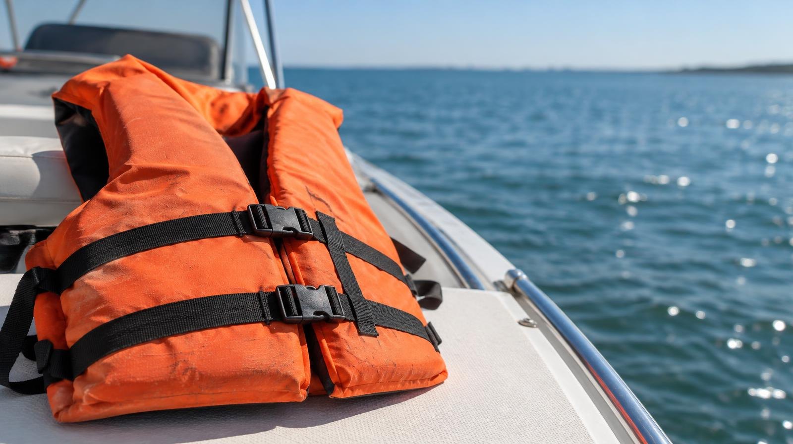 An orange life jacket resting on the bow of a small motorboat on open water.