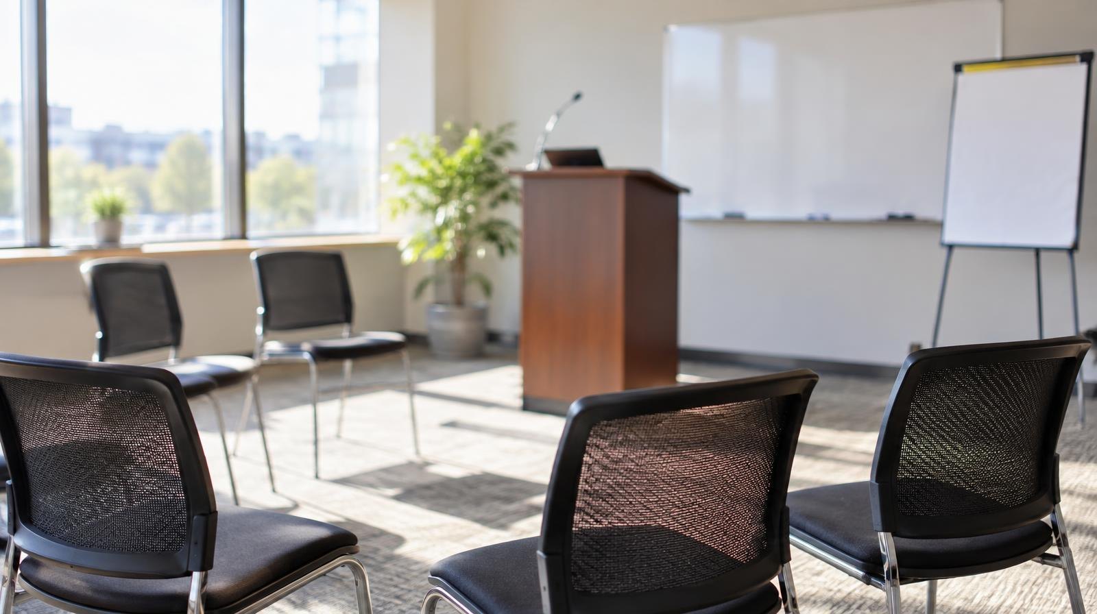 Empty conference room with chairs in a semicircle facing a whiteboard and podium.