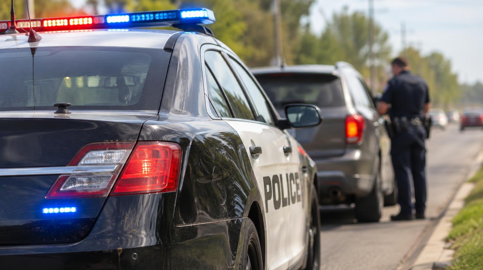 Police patrol car on roadside with emergency lights flashing.