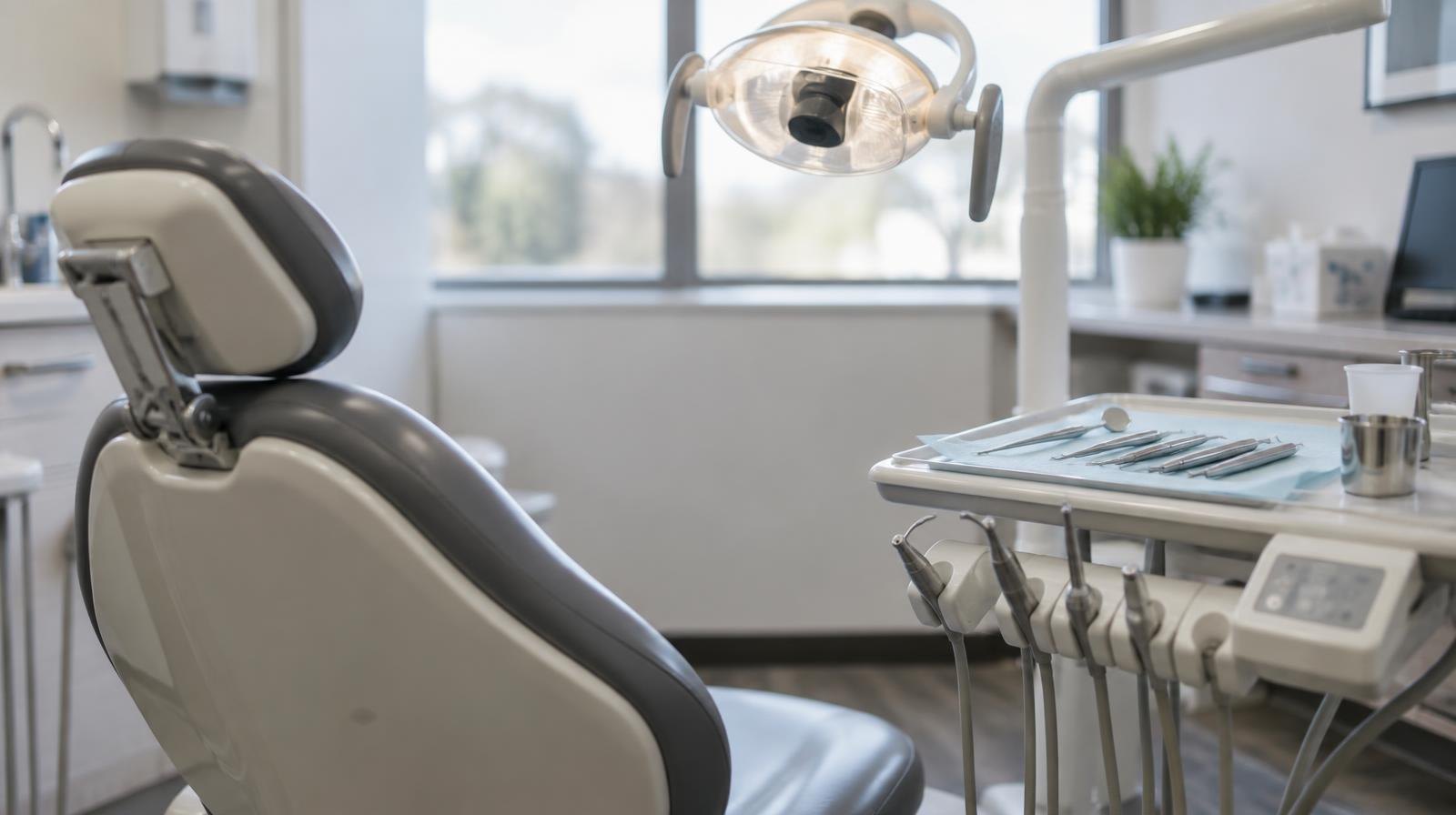 A dental chair with overhead light and tray of instruments in a bright clinic.
