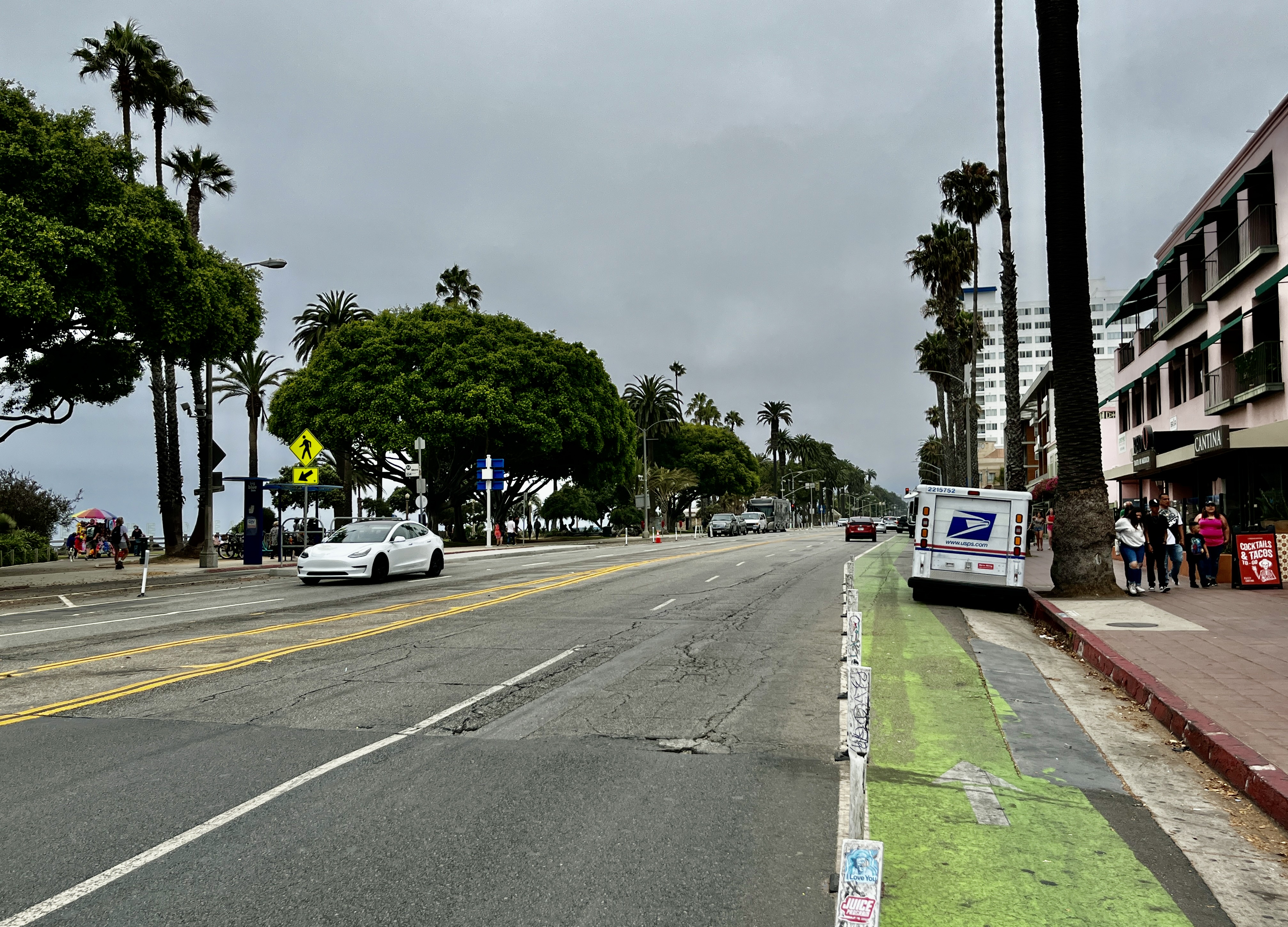 A wide Santa Monica boulevard with a green bike lane, palm trees, and a mail truck parked near the curb.