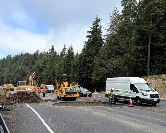 Construction workers in high-visibility vests operate a road roller and excavator on a two-lane forested highway.