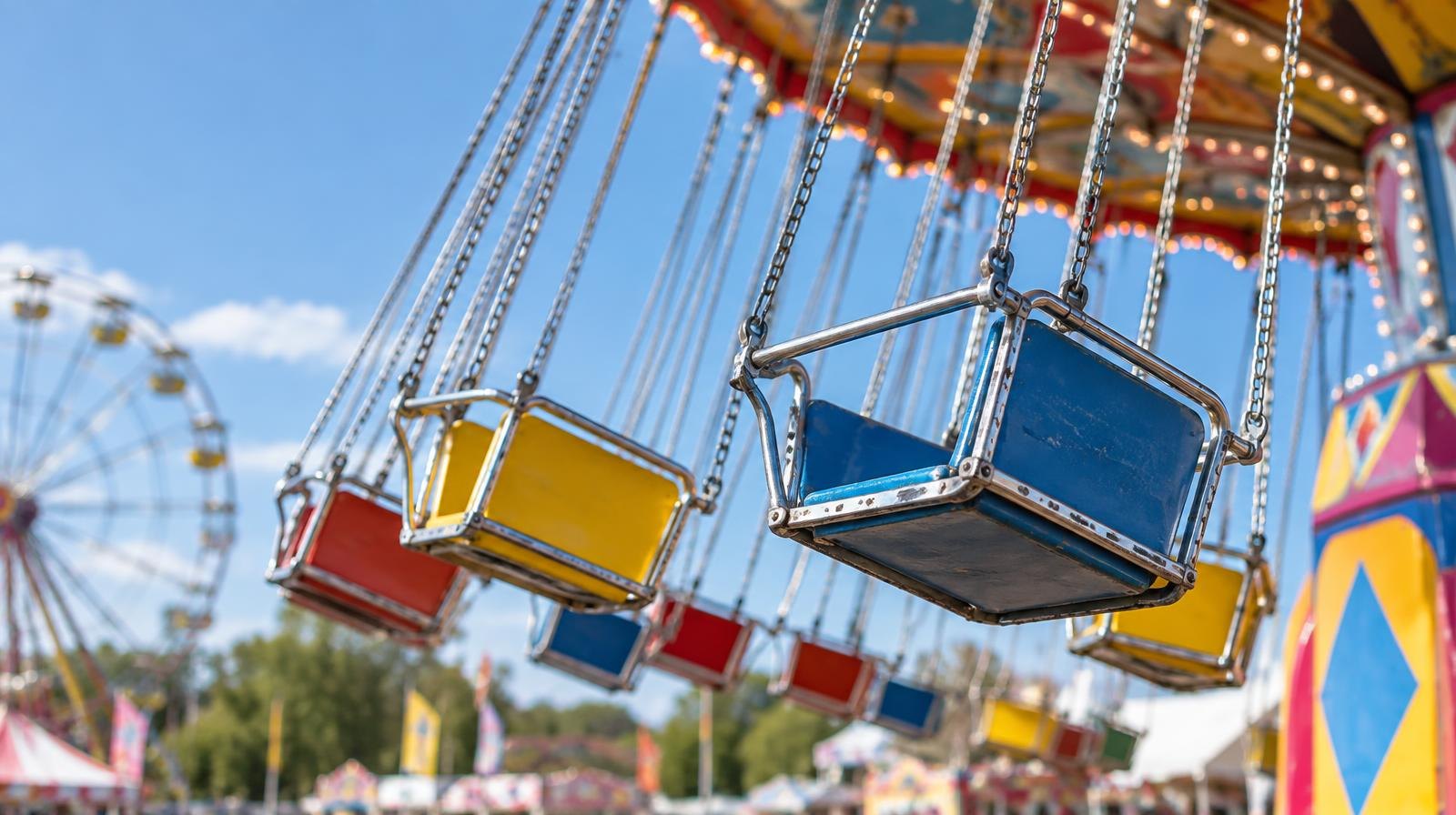 Brightly lit carnival ride against a clear blue sky at an outdoor festival.