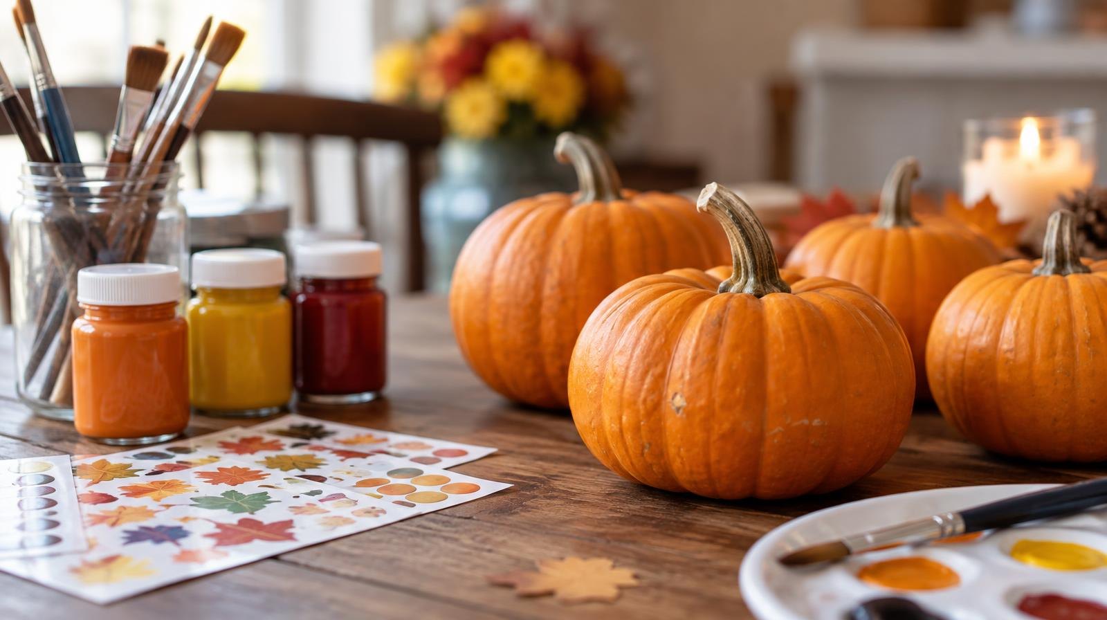 Small orange pumpkins on a wooden table beside paint brushes and craft supplies.