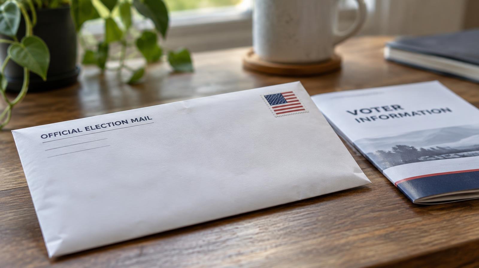 A sealed election mail ballot envelope next to a voter information pamphlet on a wooden surface.