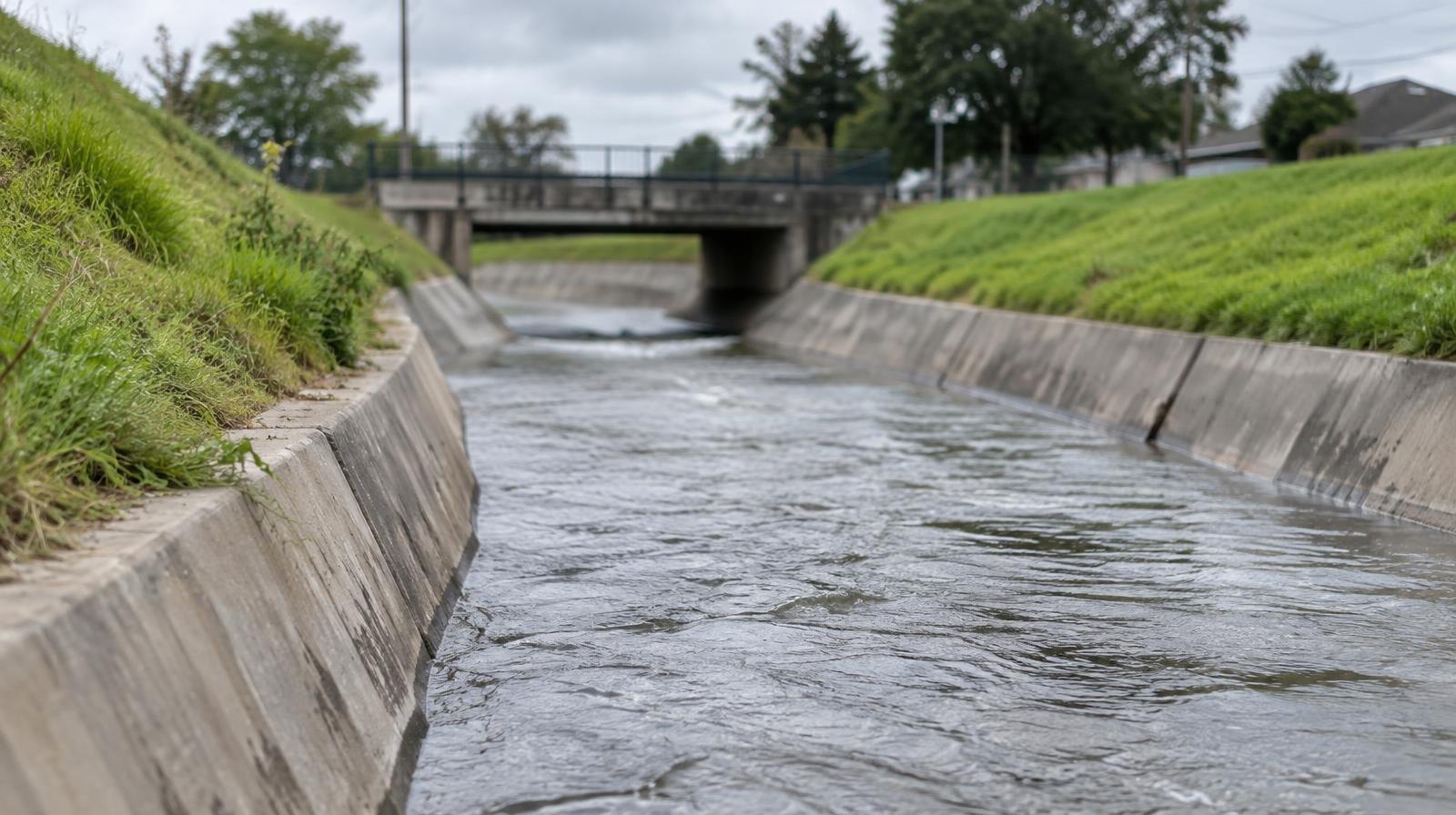 Concrete flood control channel with flowing water and grassy embankments on either side.