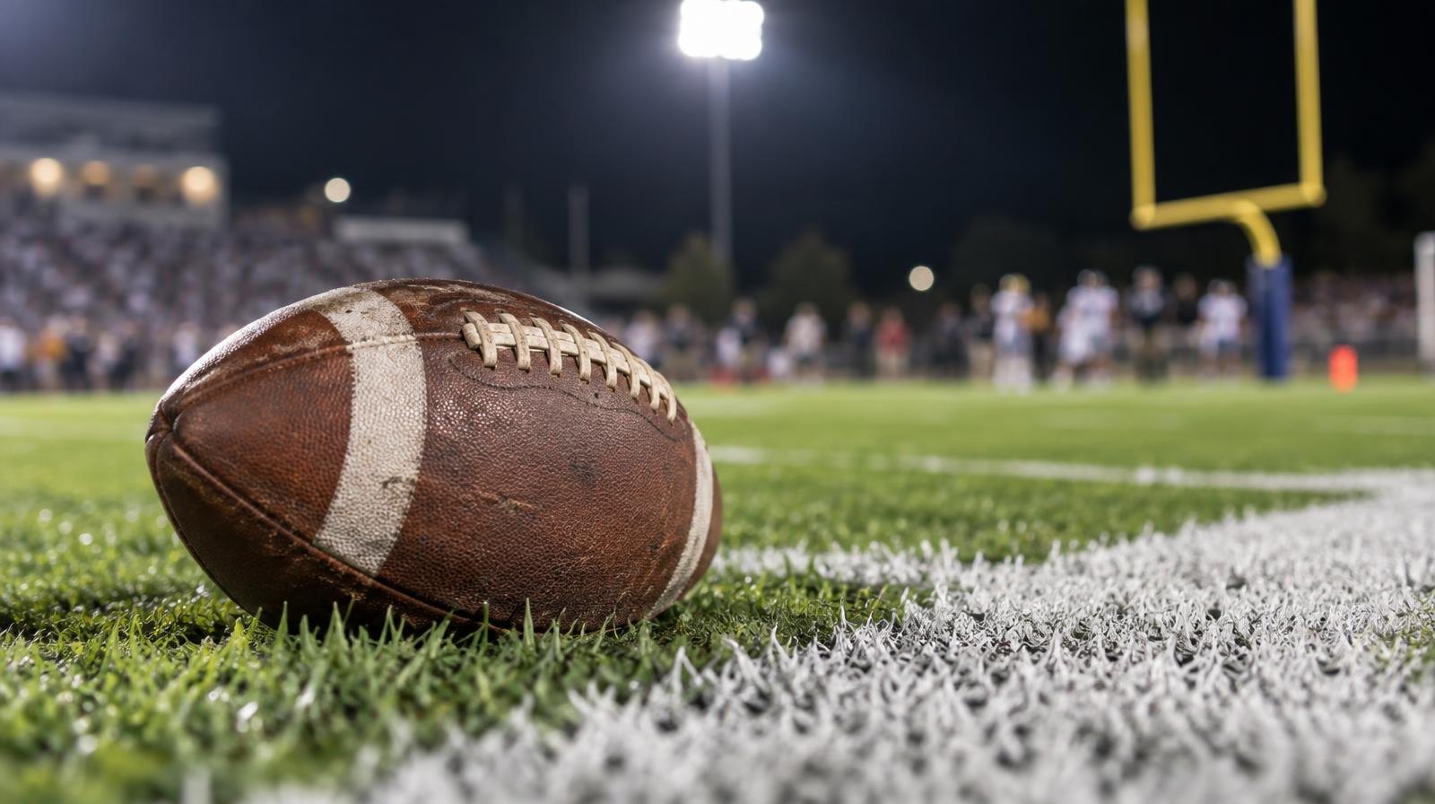 An American football resting on green grass near a white painted yard line.