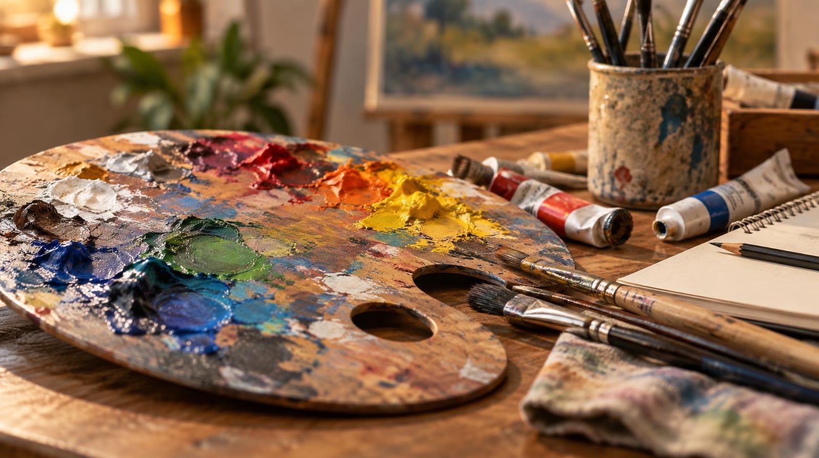 Colorful artist's palette with brushes and paint tubes on a wooden table.