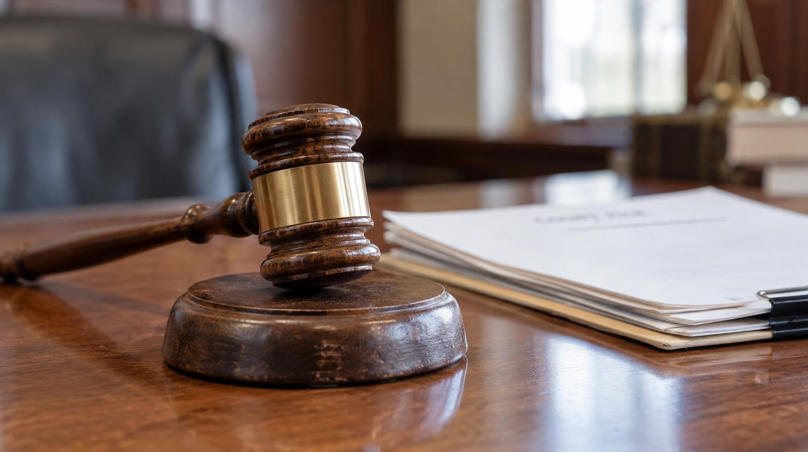 Wooden gavel on its sound block next to stacked documents on a table.