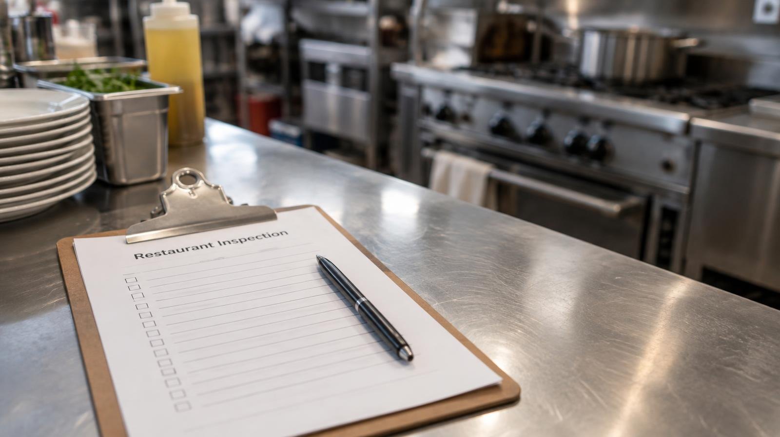A clipboard with an inspection checklist resting on a stainless steel kitchen counter.