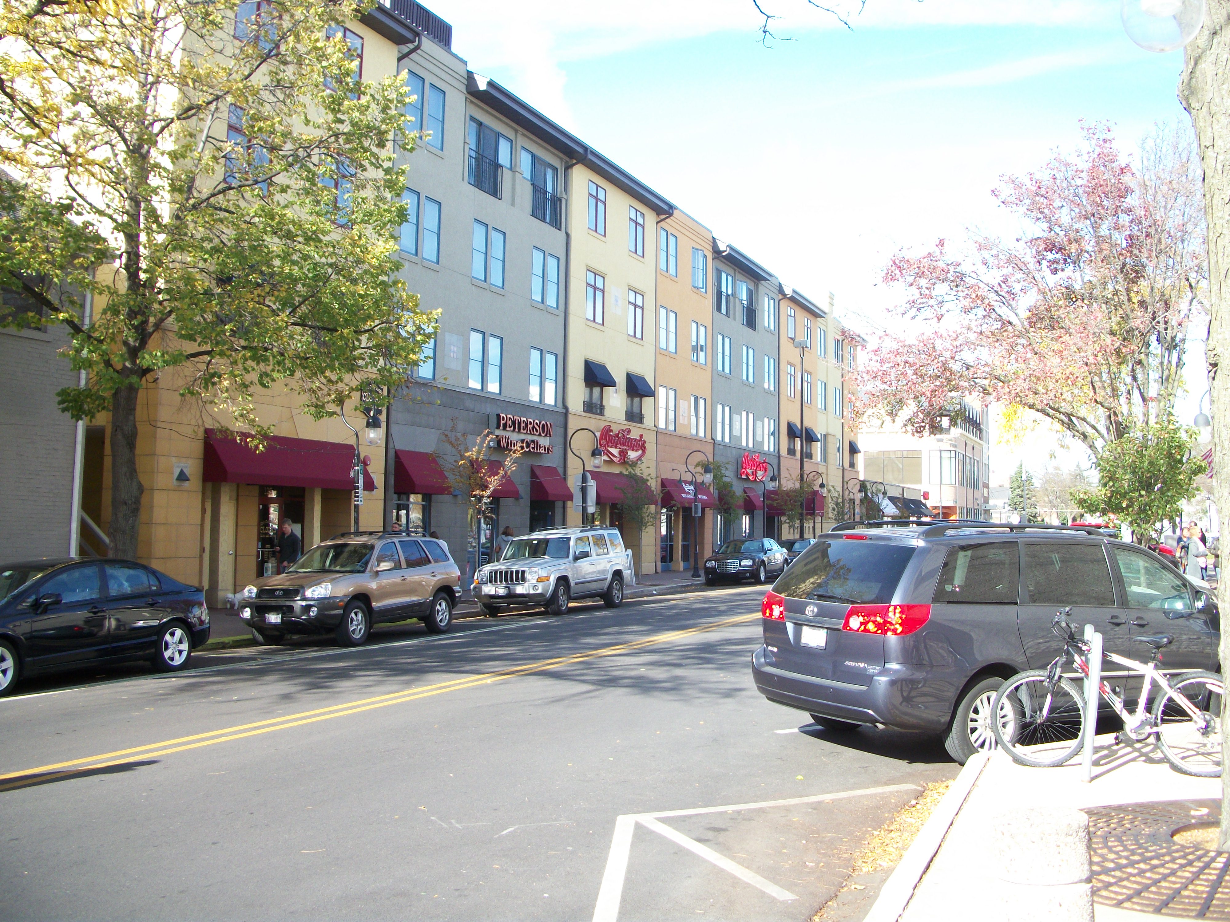 Downtown street lined with storefronts, trees, and a sidewalk bicycle rack.