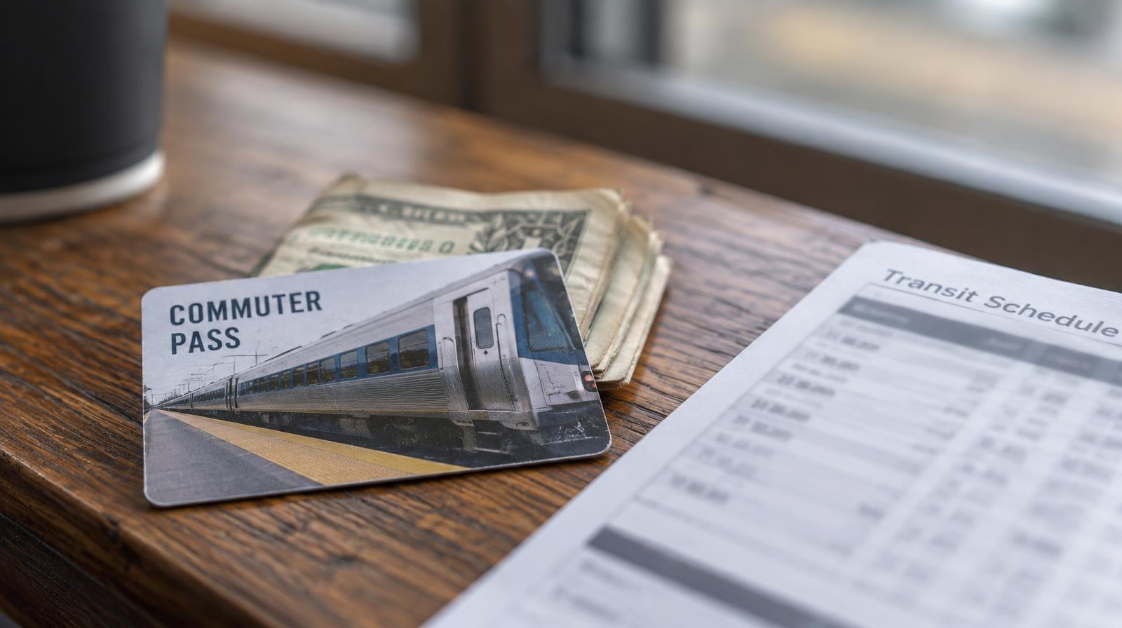 A transit pass card and folded dollar bills on a wooden surface beside a schedule.