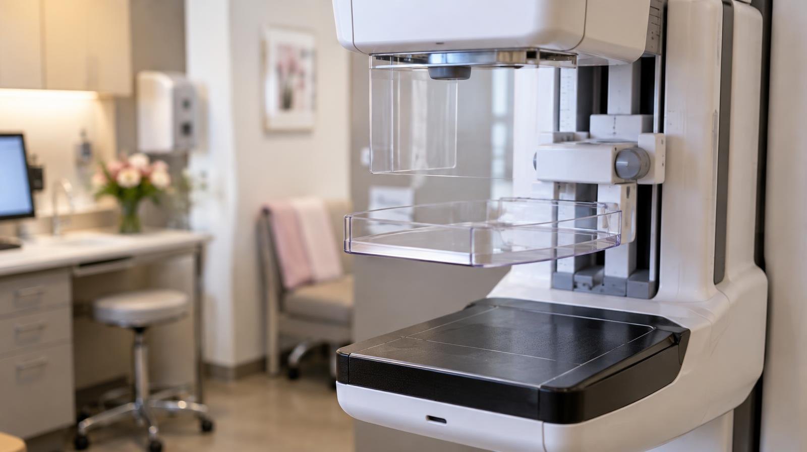 A mammography machine in a clean, softly lit medical imaging room.
