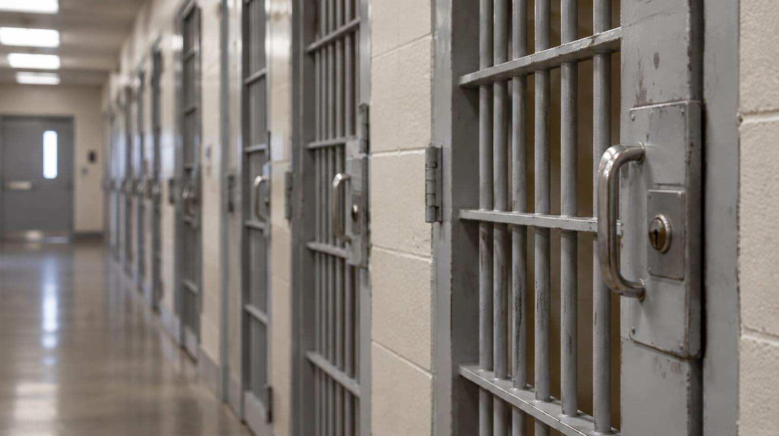 A row of locked metal cell doors along a jail corridor under fluorescent lighting.