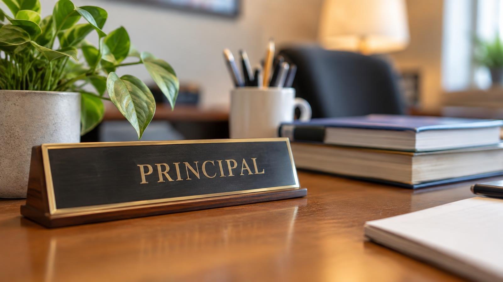 A principal's nameplate on a wooden desk beside a plant and stack of books.