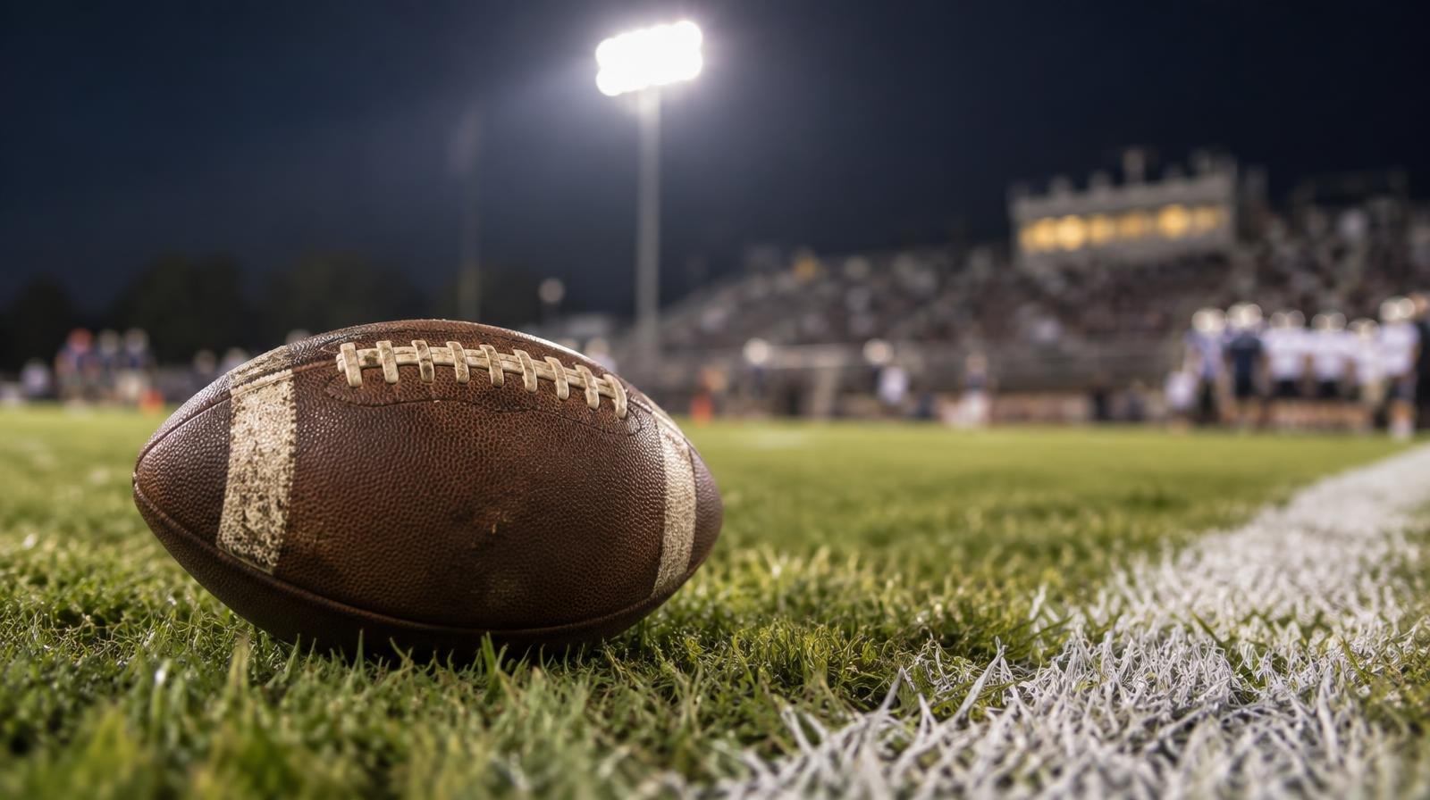 An American football resting on green grass beside a white yard line.
