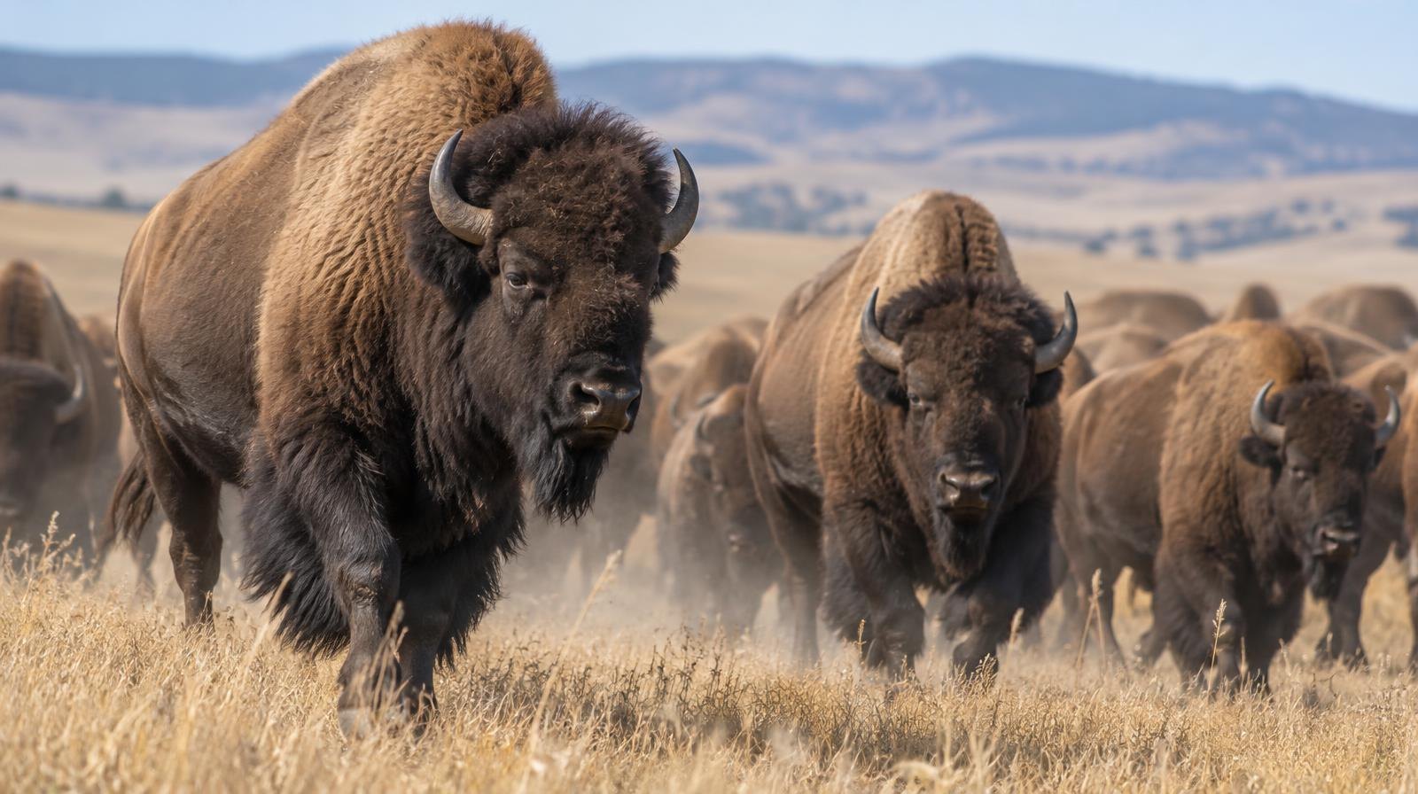 A large herd of bison moving across dry golden grassland with dust rising around them.