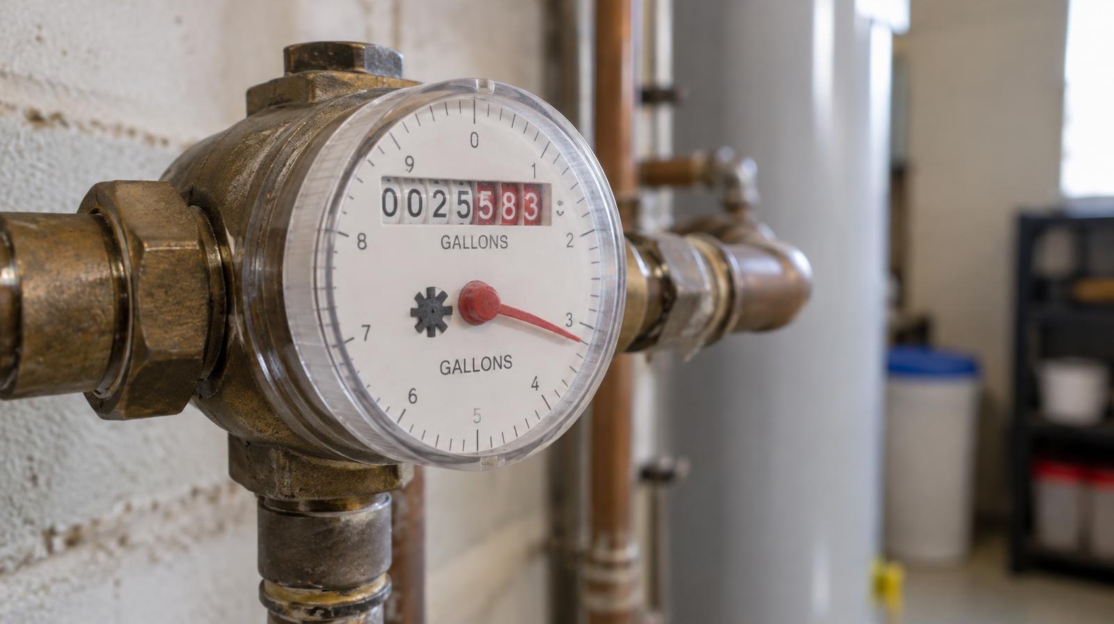 Close-up of a residential water meter mounted on a pipe indoors.